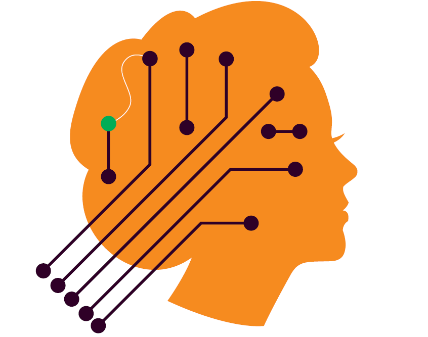 An illustration of an orange human face silhouette with simplified brain circuits 