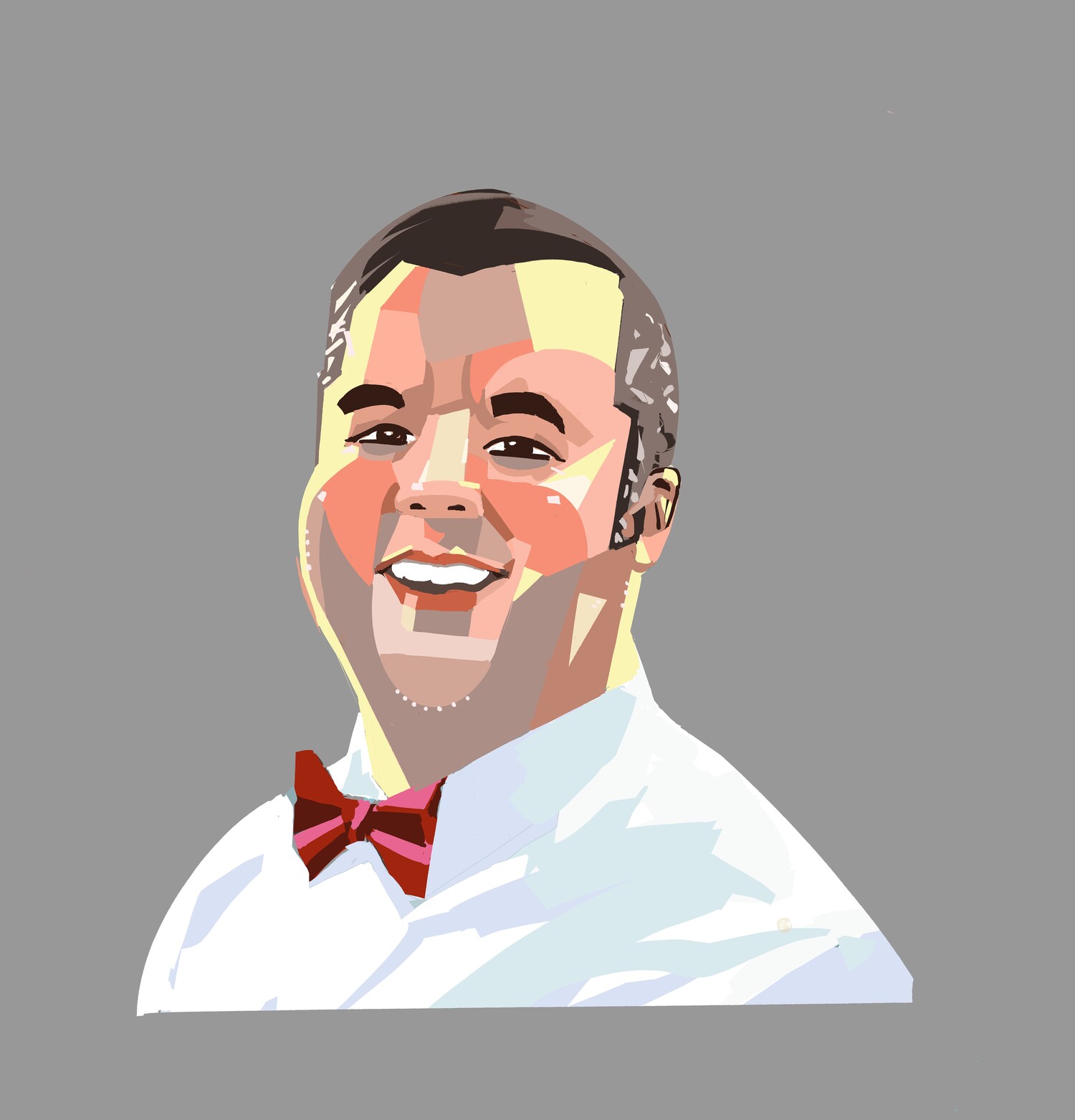 artist&apos;s rendering of a portrait of Rajean P. Moone in a white button-up shirt and red bowtie on a gray background