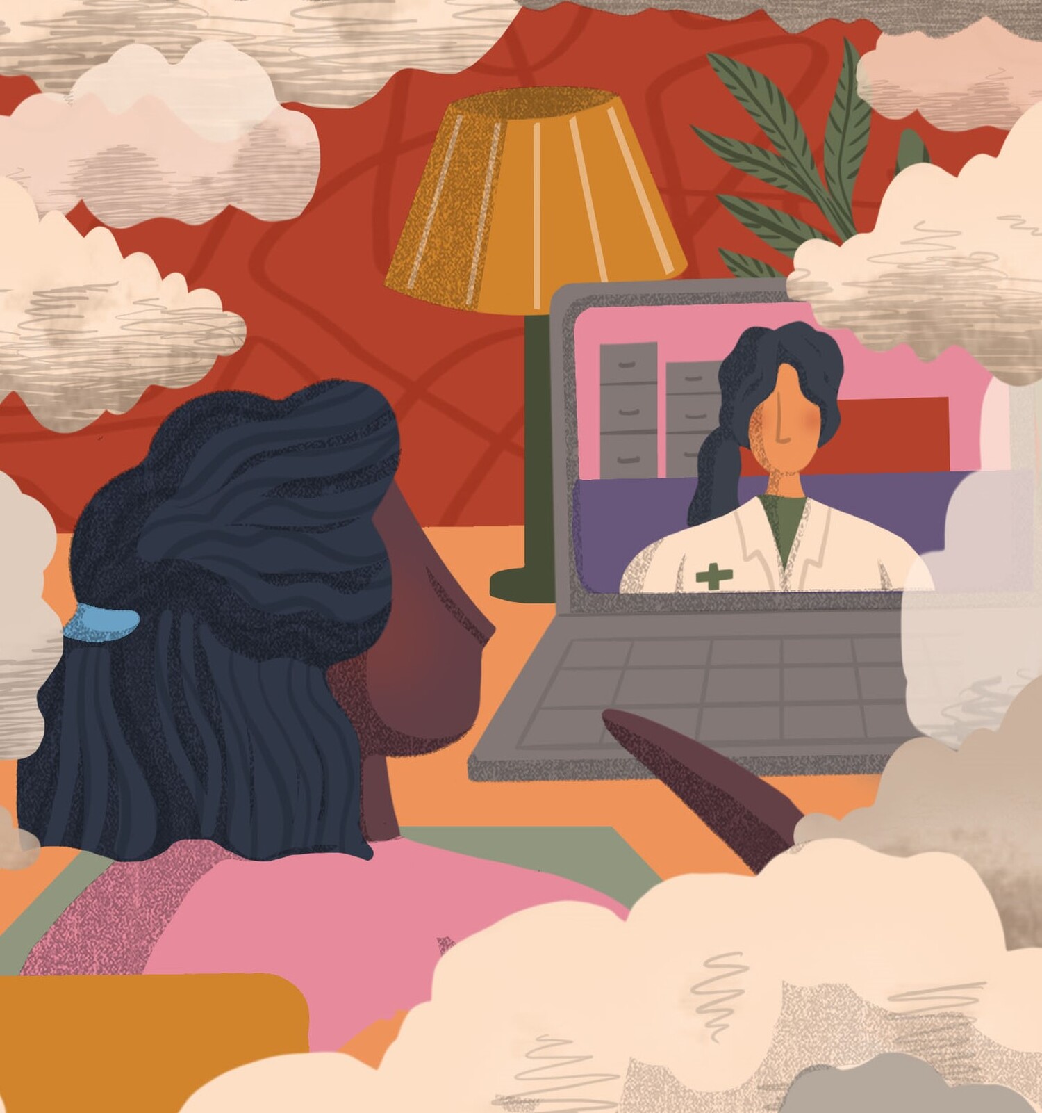 An illustration showing a patient talking to their doctor during a virtual telehealth appointment
