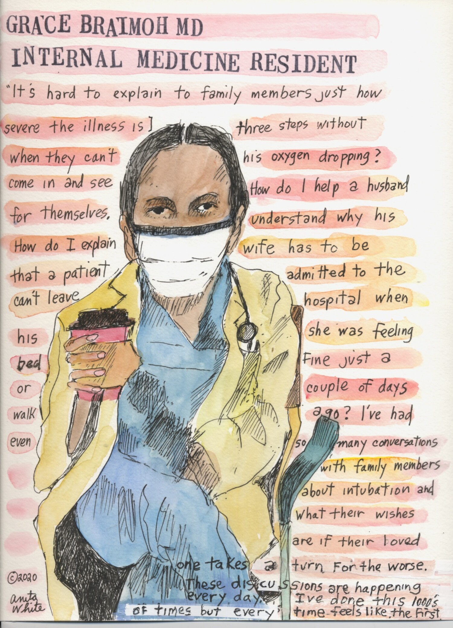 watercolor painting of a masked health care worker, holding a cup of coffee, over a narrative of her thoughts on being on the front line of the COVID-19 pandemic