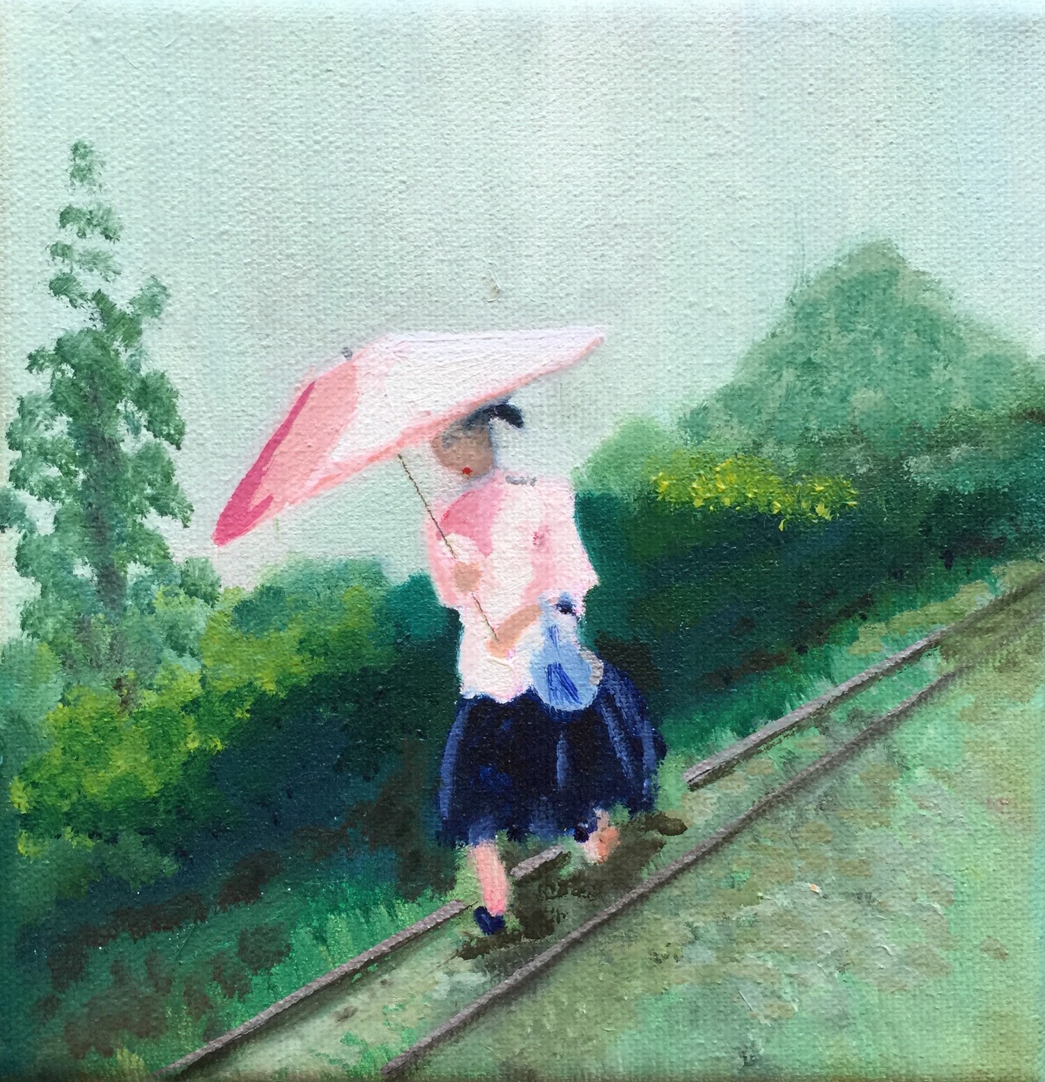 Painting of a woman under a pink umbrella walking along train tracks