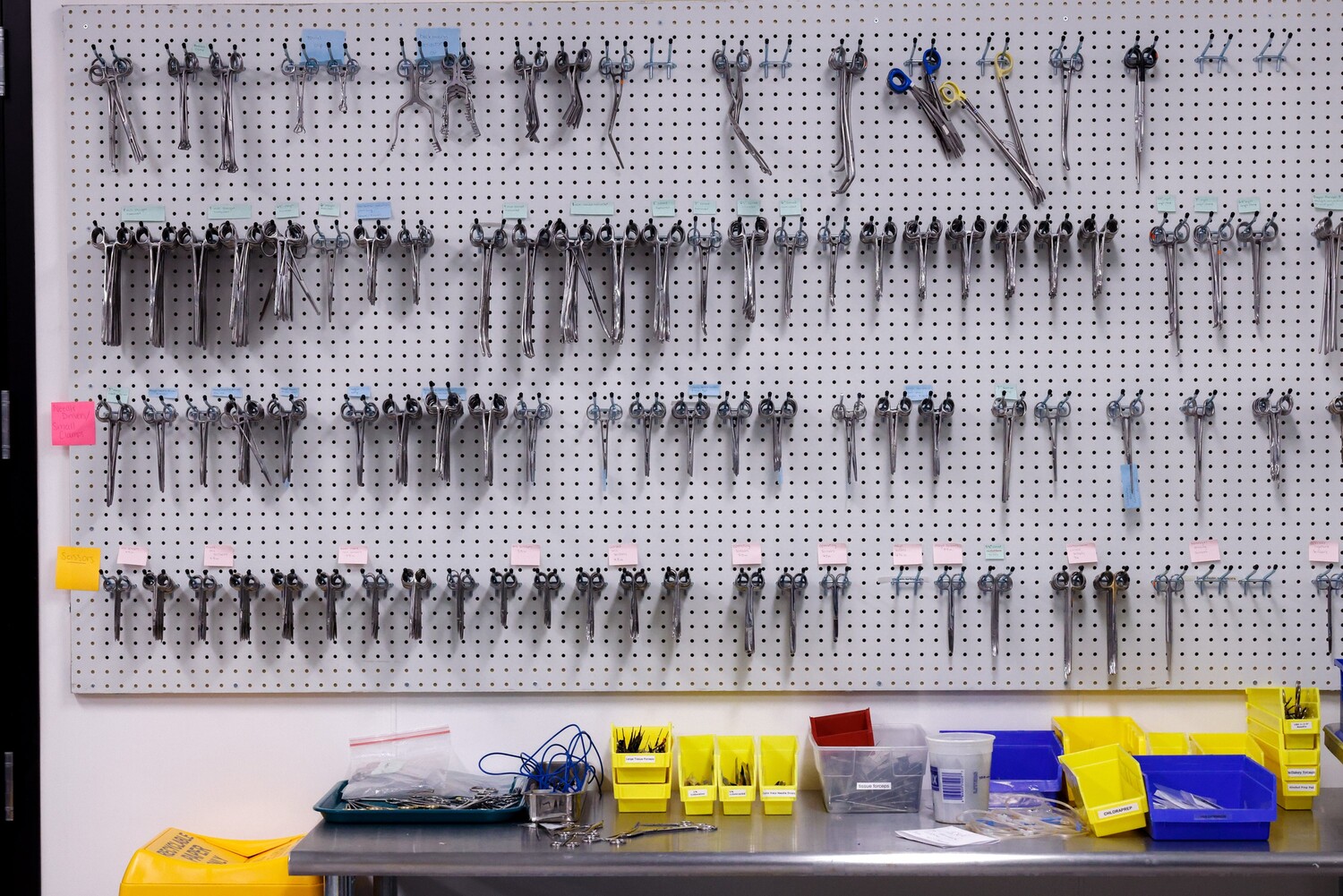 a wall of hanging surgical scissors and forceps
