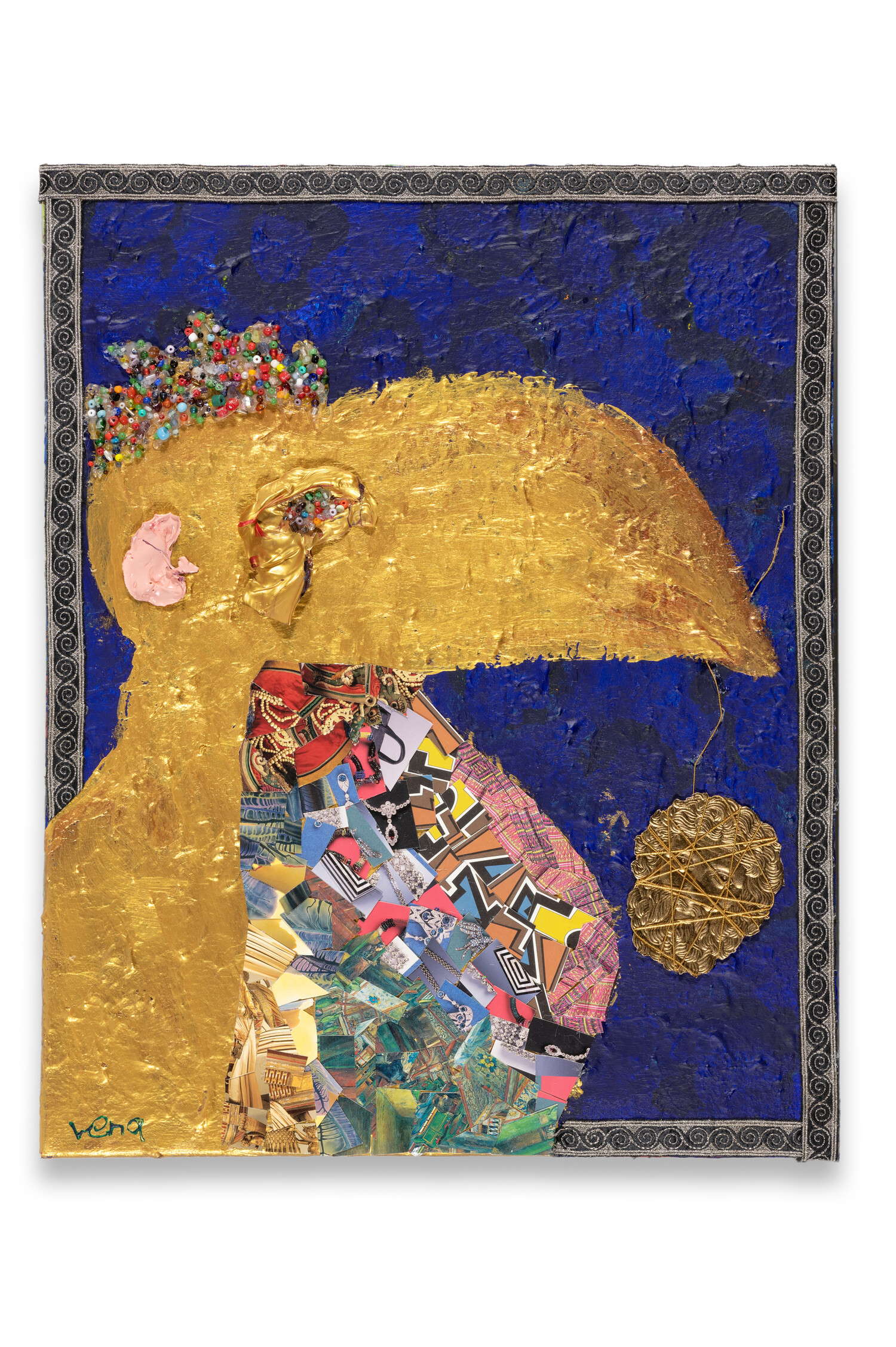 photo of His Majesty, made with promiment gold and dark blue paint and collage elements
