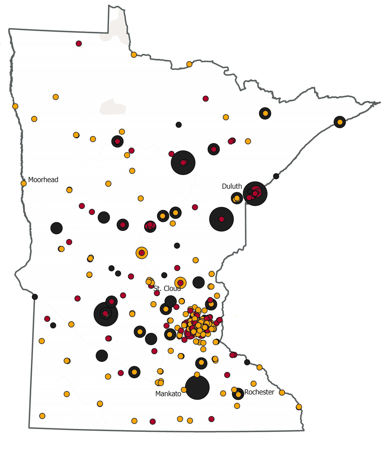 Map of Minnesota showing where RPAP alumni are practicing, with maroon, gold, and black dots across the state