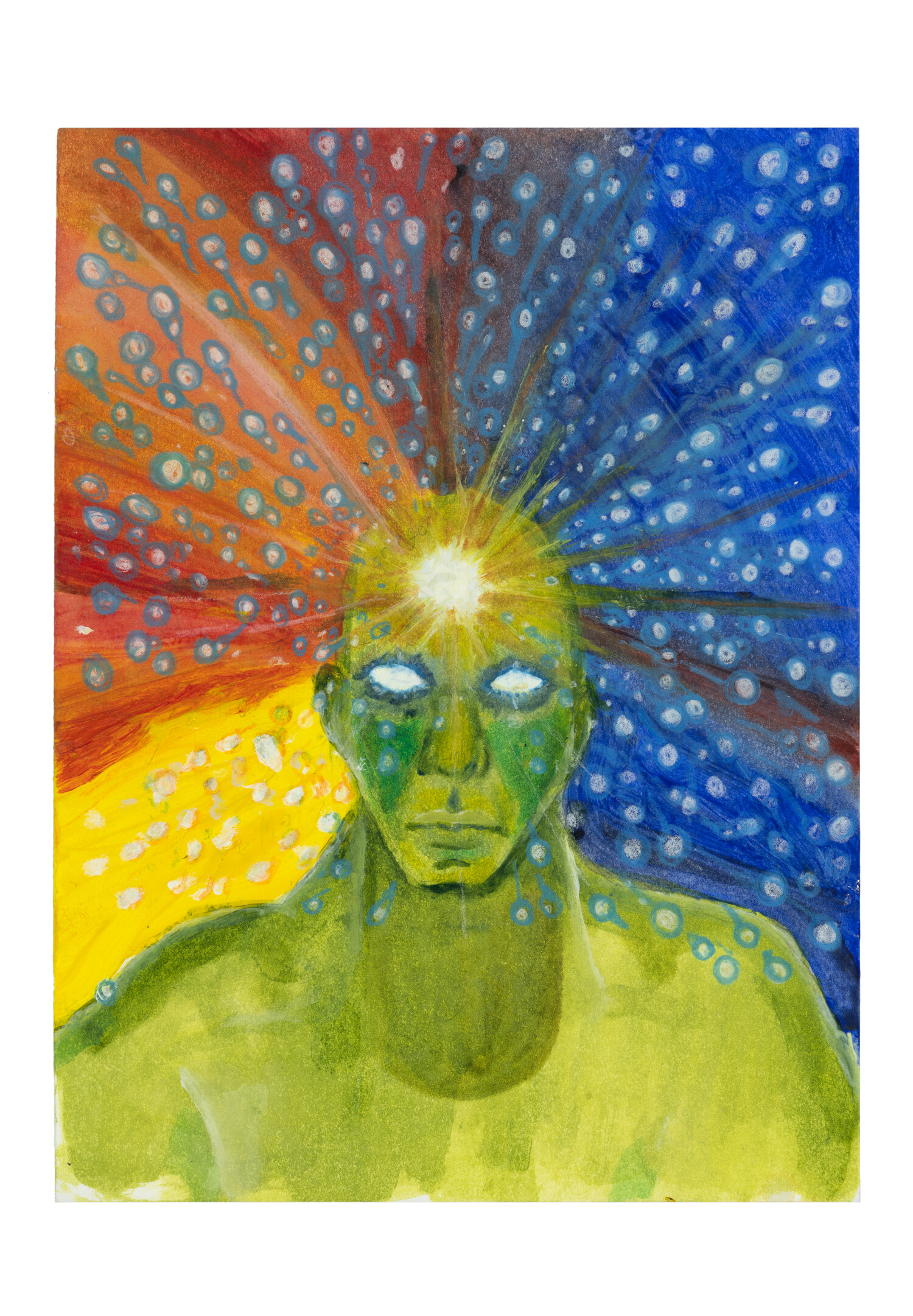photo of Third Eye Dimension, depicting a green human-like figure with brightly colored rays emanating from a bright spot on its forehead