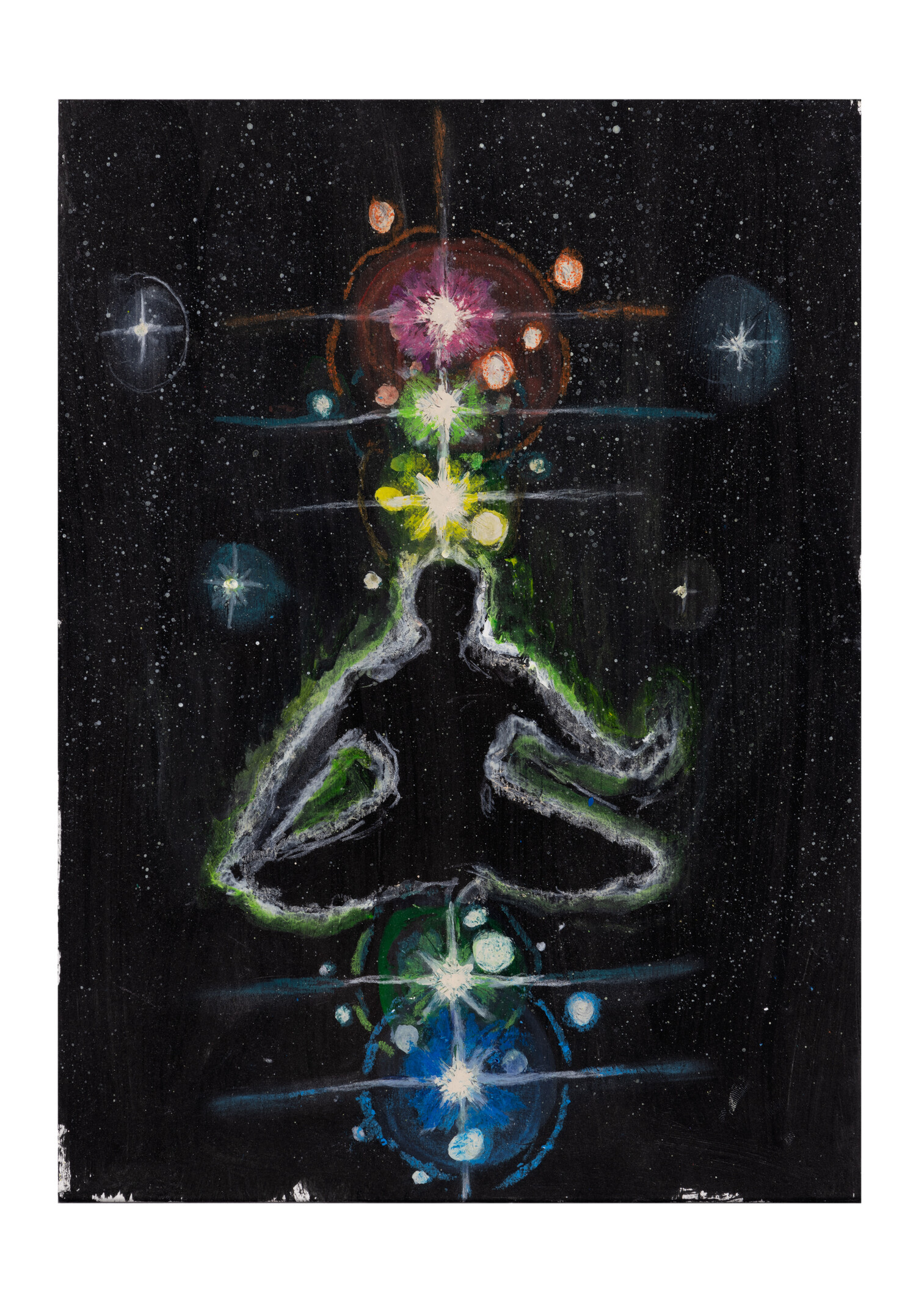 photo of Spiritual Vibrations, depicting a sitting human outline on a black and starry space-like background